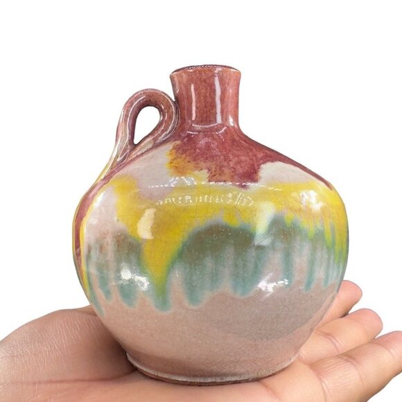 Mid Century Italian Art Pottery Vase Jug W Handle RedWare Multicolor Glaze VTG - Picture 11 of 15